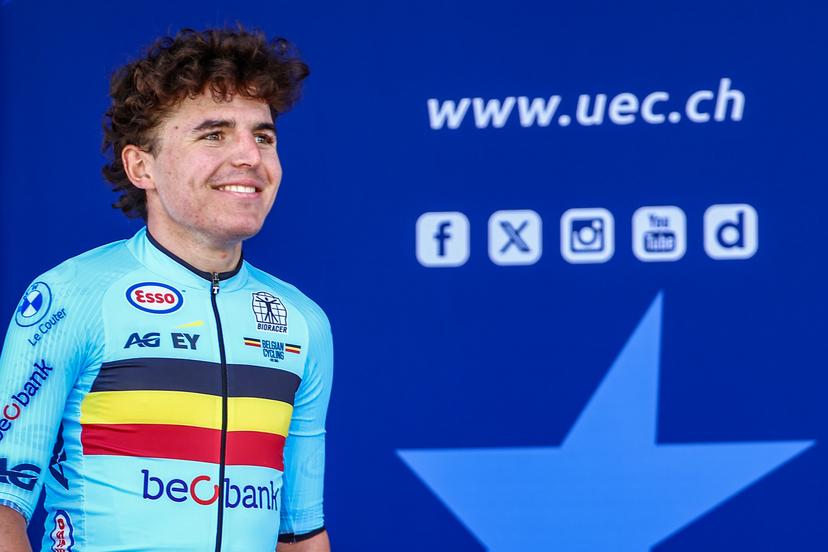 Belgian Jarno Widar celebrates on the podium after winning the 121,1 km Men U23 Road Race at the UEC road European cycling championships, in France on Saturday 04 October 2025. The European cycling championships in Drome-Ardeche takes place from 1 to 5 October. BELGA PHOTO DAVID PINTENS