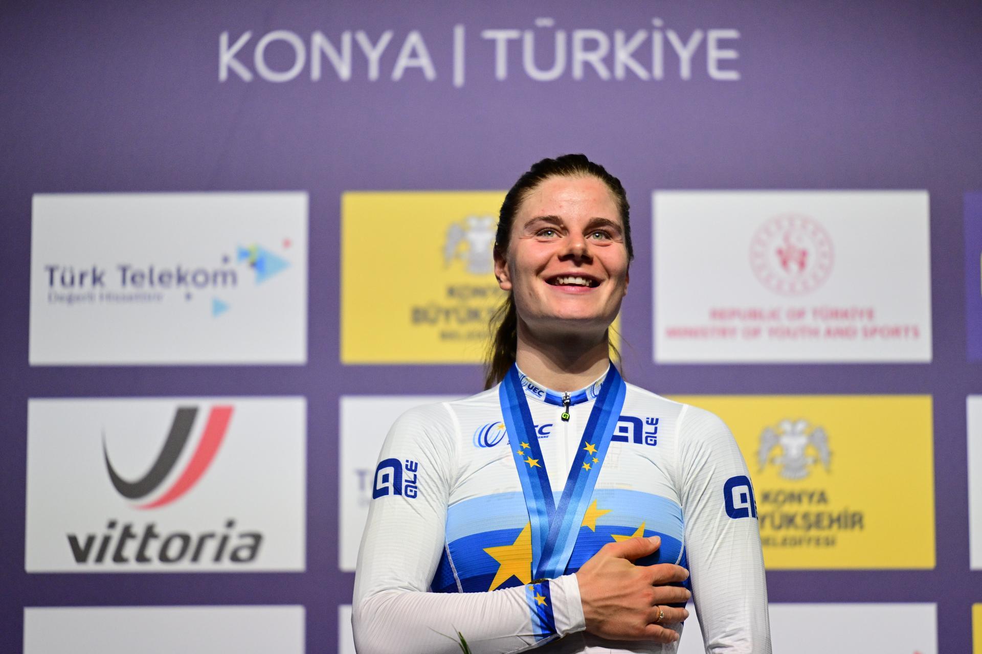 Belgian Lotte Kopecky pictured on the podium after winning the women's Points Race final on day 4 of the 2026 UEC Track Elite European Championships, in Konya, Turkey, Wednesday 04 February 2026. The European Championships take place from 01 to 05 February 2026. BELGA PHOTO DIRK WAEM