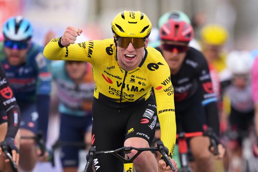 Great Britain's Matthew Brennan of Team Visma-Lease a Bike crosses the finish line to win the 78th edition of the men elite race of the Kuurne-Brussels-Kuurne one day cycling race, 195 km from Kuurne to Kuurne via Brussels, Sunday 01 March 2026.  BELGA PHOTO DAVID PINTENS