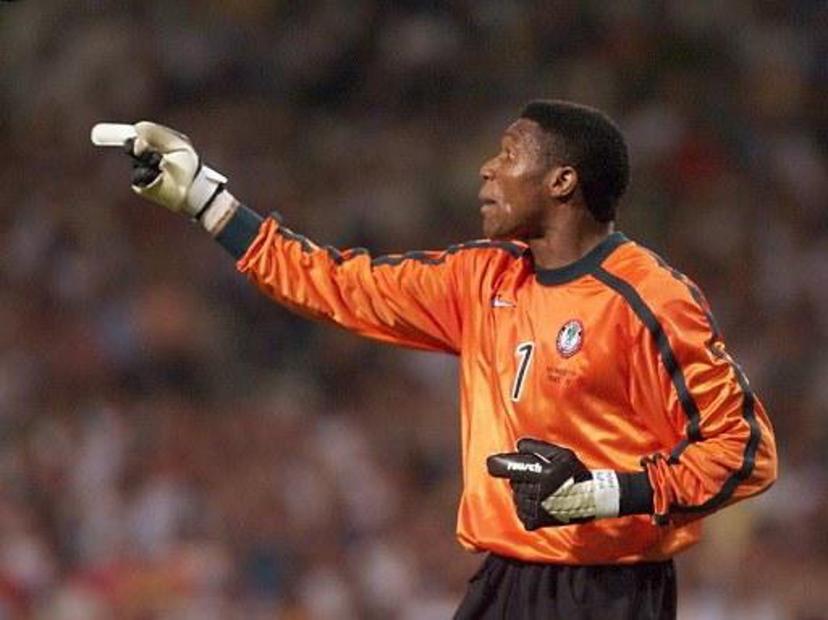 Nigerian goalkeeper Peter Rufai gestures, 24 June at the Stadium in Toulouse, south of France, during the 1998 Soccer World Cup third Group D first-round match between Nigeria and Paraguay. (ELECTRONIC IMAGE) AFP PHOTO