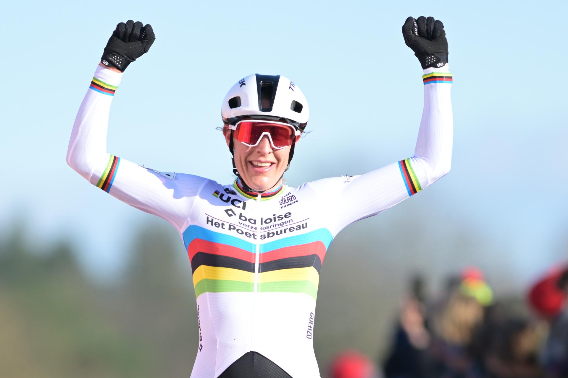 Dutch Lucinda Brand celebrates as she crosses the finish line to win the elite women race of the 'Waaslandcross' cyclocross cycling event, Saturday 14 February 2026 in Sint-Niklaas, the seventh and last race of the Exact Cross competition. BELGA PHOTO DAVID PINTENS