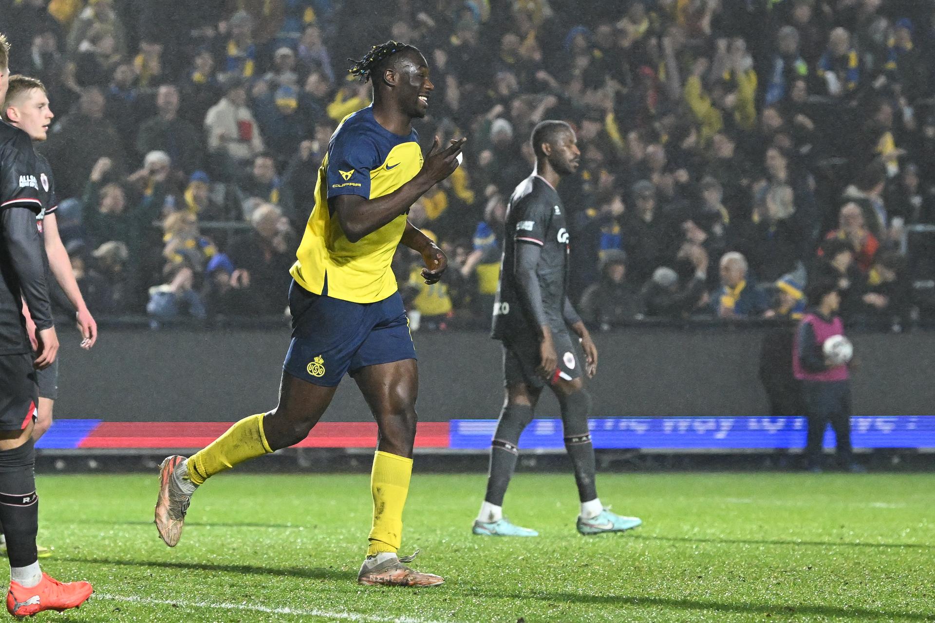 Union's Promise David celebrates after scoring during a soccer match between Royale Union Saint-Gilloise and Royal Antwerp FC, Saturday 21 February 2026 in Brussels, on day 26 of the 2025-2026 'Jupiler Pro League' first division of the Belgian championship. BELGA PHOTO JILL DELSAUX