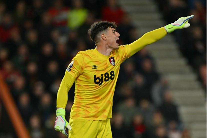 Bournemouth's Spanish goalkeeper #13 Kepa Arrizabalaga gestures during the English Premier League football match between Bournemouth and Fulham at the Vitality Stadium in Bournemouth, southern England on April 14, 2025.  Glyn KIRK / AFP