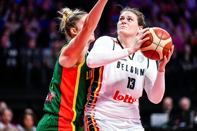 Belgium's Kyara Linskens pictured in action during a basketball game between Belgian national team the Belgian Cats and Lithunia, a qualification game (3/6) for the 2025 Eurobasket tournament, on Thursday 07 November 2024 in Antwerp, Belgium. BELGA PHOTO TOM GOYVAERTS