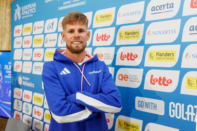 French runner Jimmy Gressier poses for the photographer during a press conference of European Athletics, Belgian Athletics and Golazo on the first European Running Championships, 10km, half marathon and marathon, this weekend in Brussels and Leuven, Friday 11 April 2025, in Brussels. BELGA PHOTO HATIM KAGHAT