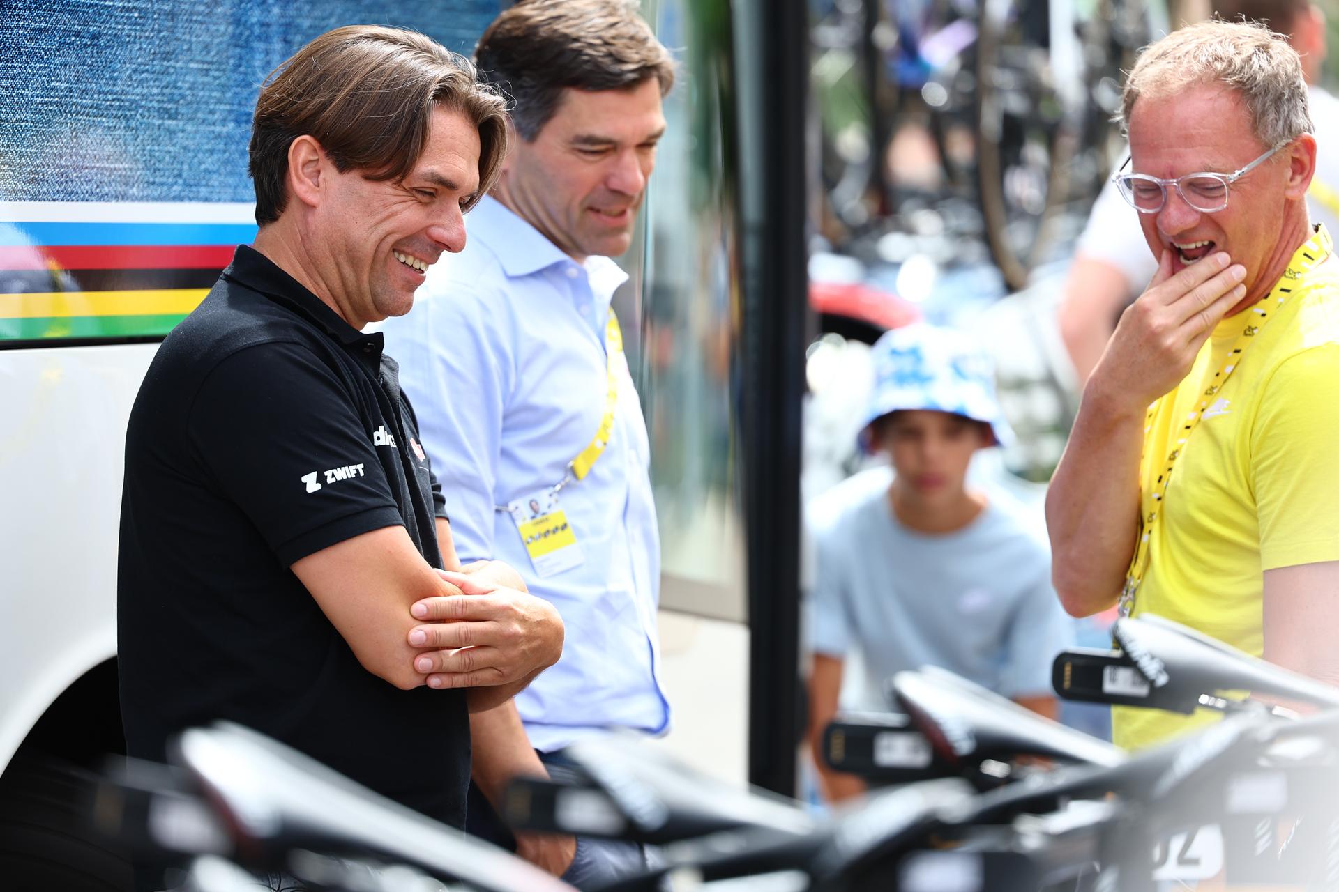 Alpecin-Deceuninck team manager Christoph Roodhooft and Alpecin-Deceuninck team manager Philip Roodhooft pictured at the start of stage 9 of the 2024 Tour de France cycling race, from Troyes to Troyes, France (199 km) on Sunday 07 July 2024. The 111th edition of the Tour de France starts on Saturday 29 June and will finish in Nice, France on 21 July.  BELGA PHOTO DAVID PINTENS