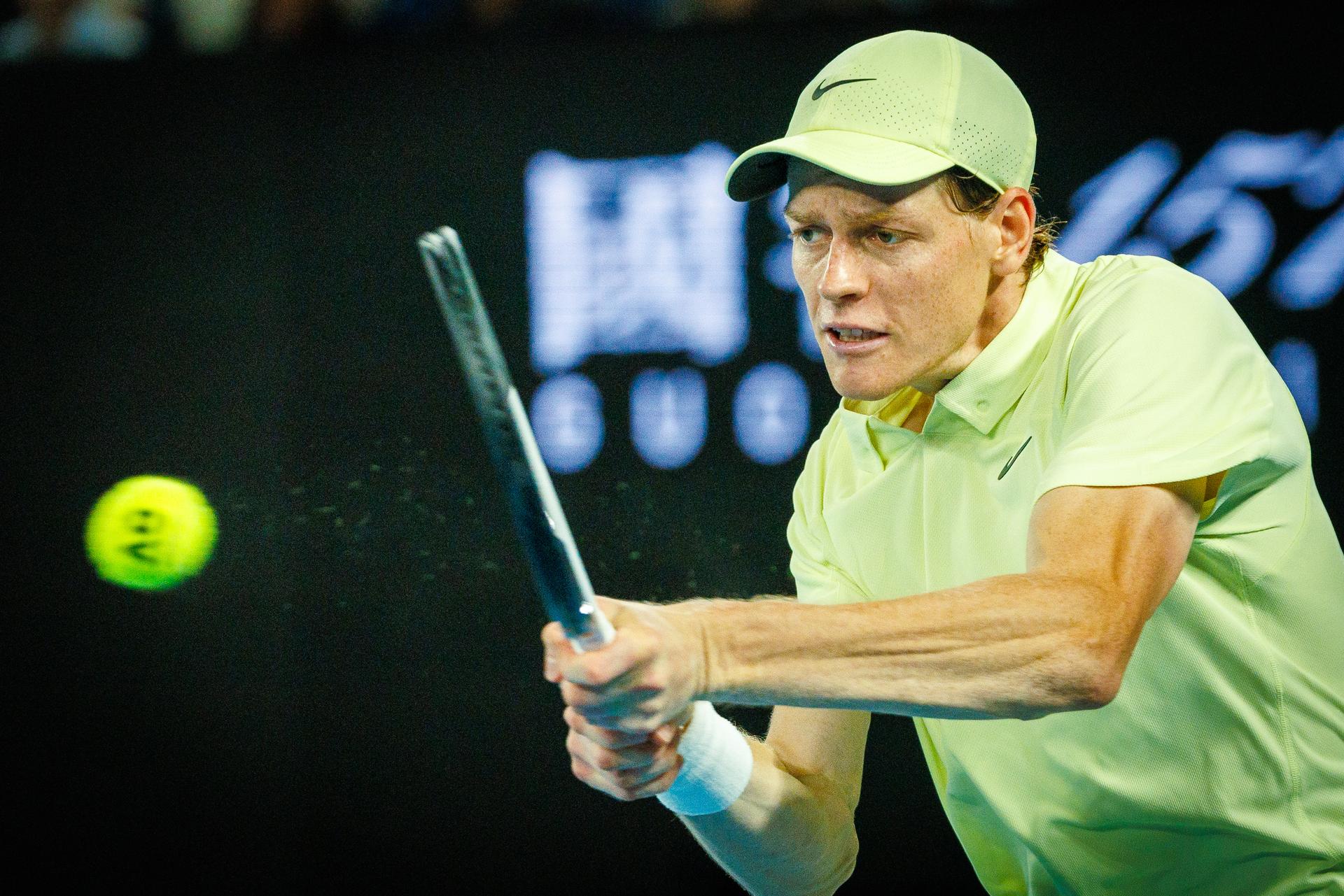 Italian Jannik Sinner pictured during a tennis match between Italian Sinner and German Zverez, the final of the men's singles at the 'Australian Open' Grand Slam tennis tournament, Sunday 26 January 2025 in Melbourne Park, Melbourne, Australia. The 2025 edition of the Australian Grand Slam takes place from January 12th to January 26th. BELGA PHOTO PATRICK HAMILTON