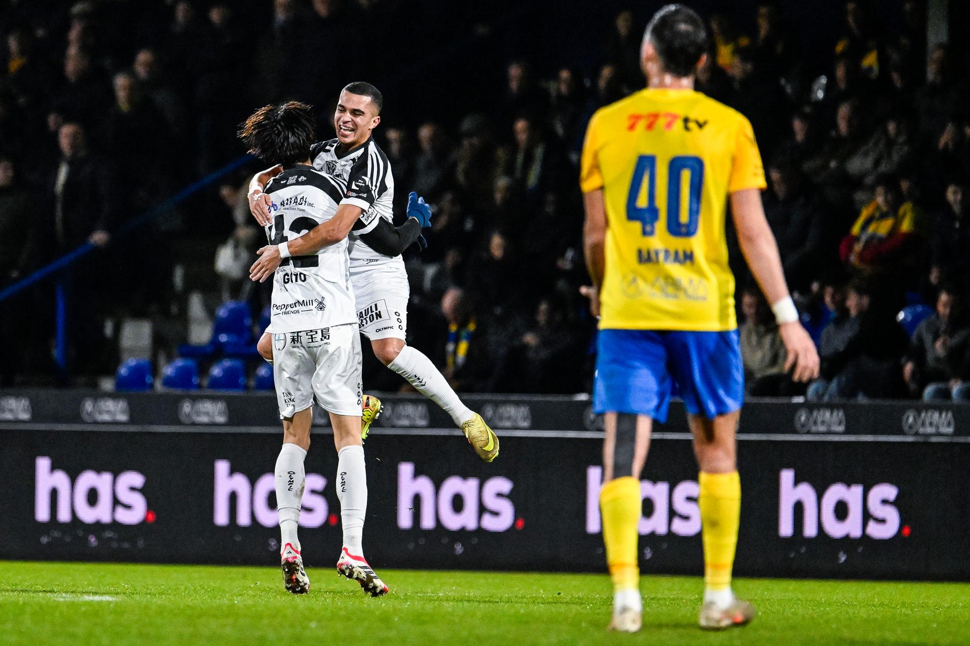 STVV's Keisuke Goto and STVV's Ilias Sebaoui celebrate after scoring during a soccer match between KVC Westerlo and STVV, Friday 06 February 2026 in Westerlo, on day 24 of the 2025-2026 'Jupiler Pro League' first division of the Belgian championship. BELGA PHOTO TOM GOYVAERTS