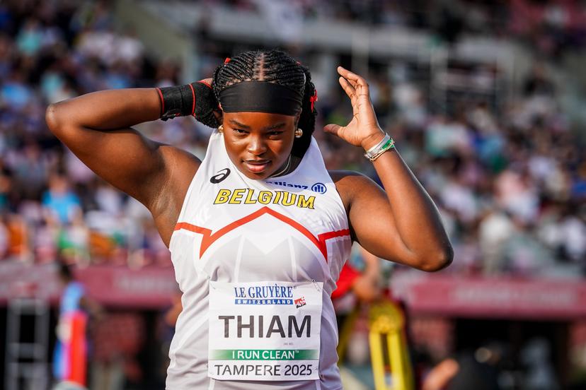 Belgian Nafy Thiam pictured during the Shot Put competition of the European Athletics U20 Championships, in Tampere, Finland, Saturday 09 August 2025. The European U20 championships take place from 07 to 10 August.  BELGA PHOTO COEN SCHILDERMAN