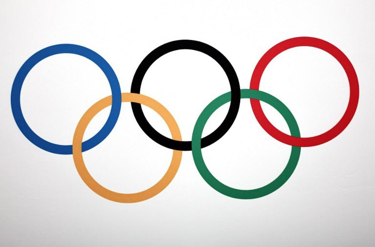 A photo shows the Olympic rings logo during a press conference after an International Olympic Committee (IOC) Executive Board committee meeting in Paris, on November 30, 2023.  FRANCK FIFE / AFP