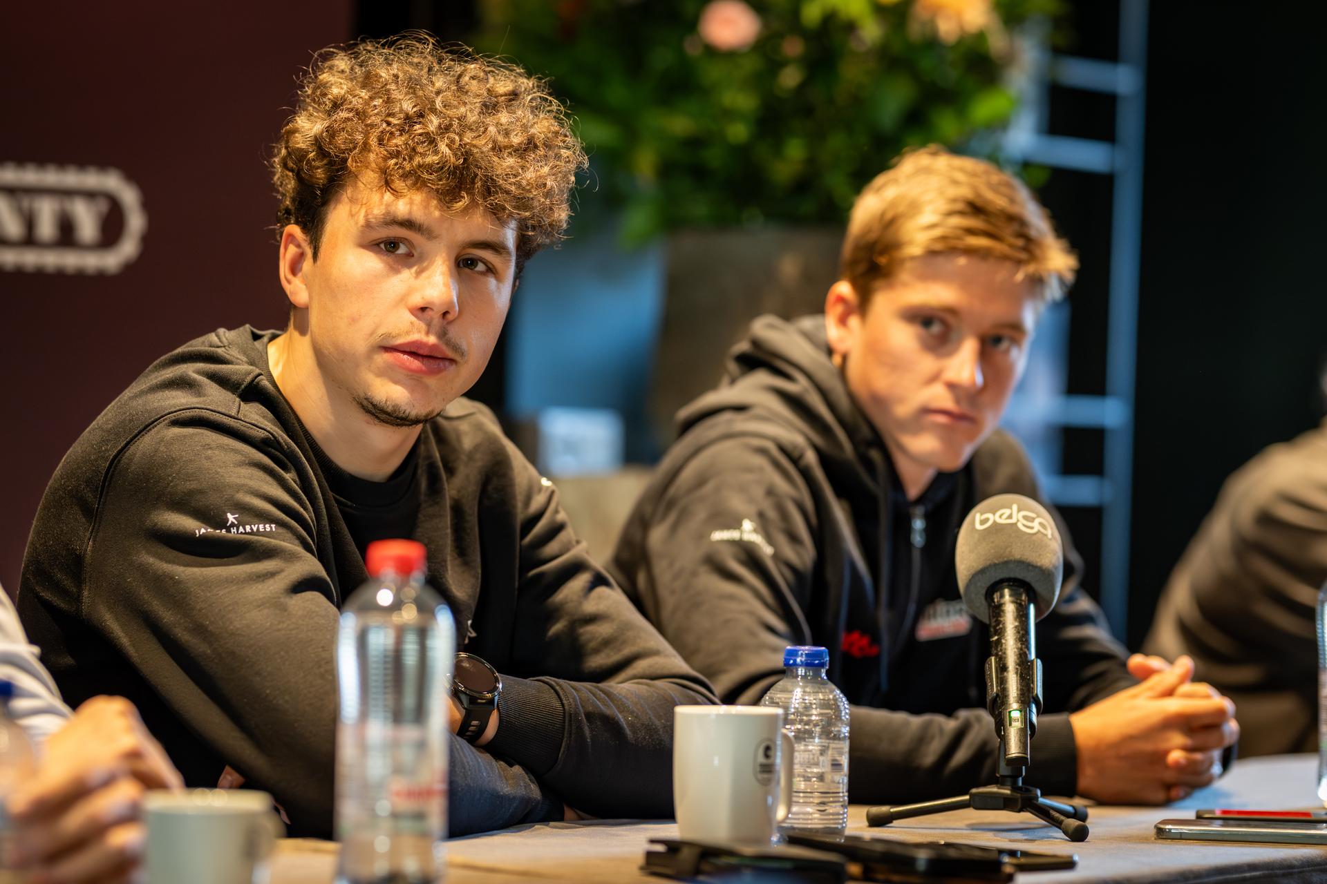 Belgian Arnaud De Lie of Lotto-Intermarche and Belgian Jenno Berckmoes of Lotto-Intermarche pictured during a press conference of the Lotto-Intermarche cycling team, to discuss this weekend's one-day cycling race Omloop Het Nieuwsblad, the opening race of the Flemish classic one day races season, Thursday 26 February 2026 in Sint-Martens-Latem. BELGA PHOTO DAVID PINTENS