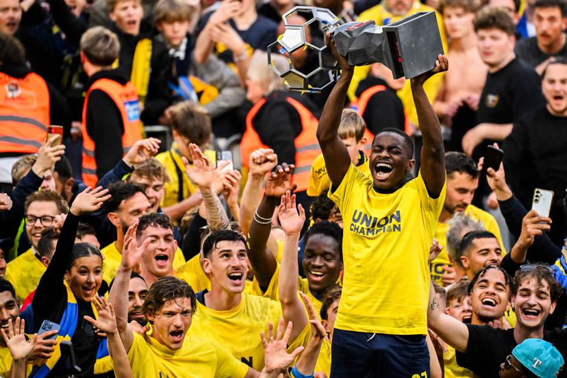 Union's Noah Sadiki pictured during the celebration of Royale Union Saint-Gilloise supporters and players, Sunday 25 May 2025 in Brussels, after winning the 2024-2025 'Jupiler Pro League' first division of the Belgian championship. Union defeated KAA Gent 3-1. BELGA PHOTO LAURIE DIEFFEMBACQ