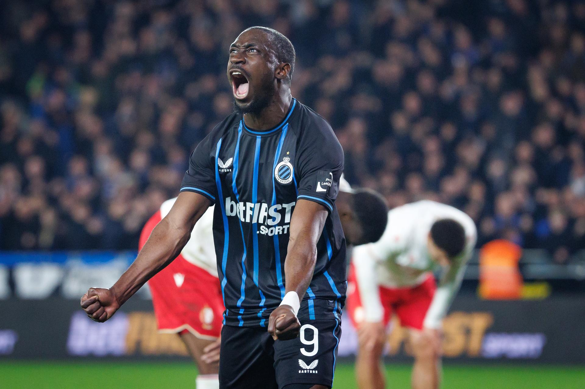 Club's Carlos Forbs celebrates after scoring during a soccer match between Club Brugge and Standard de Liege, Sunday 08 February 2026 in Brugge, on day 24 (out of 30) of the 2025-2026 'Jupiler Pro League' first division of the Belgian championship. BELGA PHOTO KURT DESPLENTER