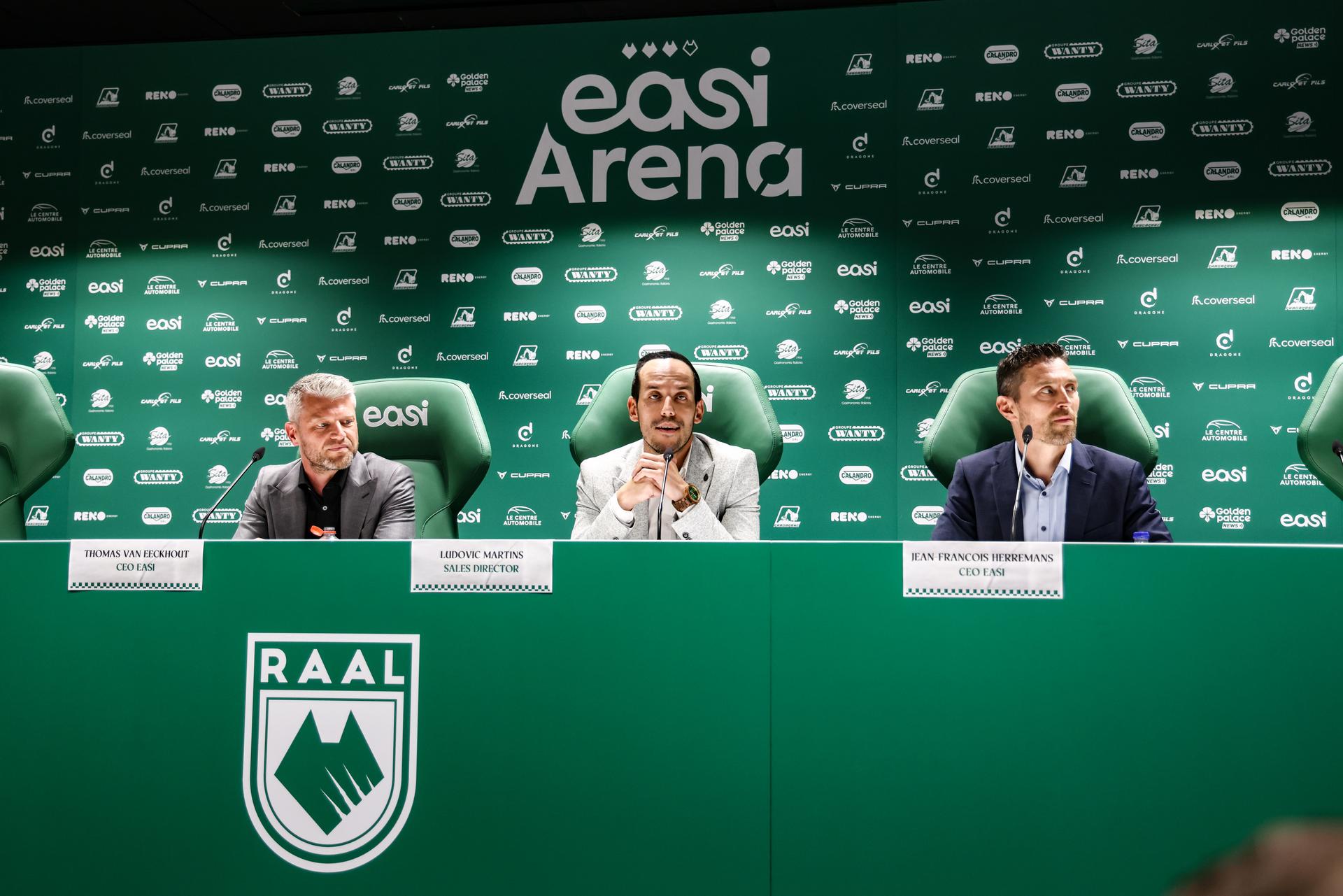 Easi CEO Thomas Van Eeckhout, Easi Sales director Ludovic Martins and Easi CEO Jean-Francois Herremans pictured during a press conference of Belgian soccer team RAAL La Louviere, Wednesday 18 June 2025 in La Louviere, in preparation of the upcoming 2025-2026 first division season. BELGA PHOTO BRUNO FAHY