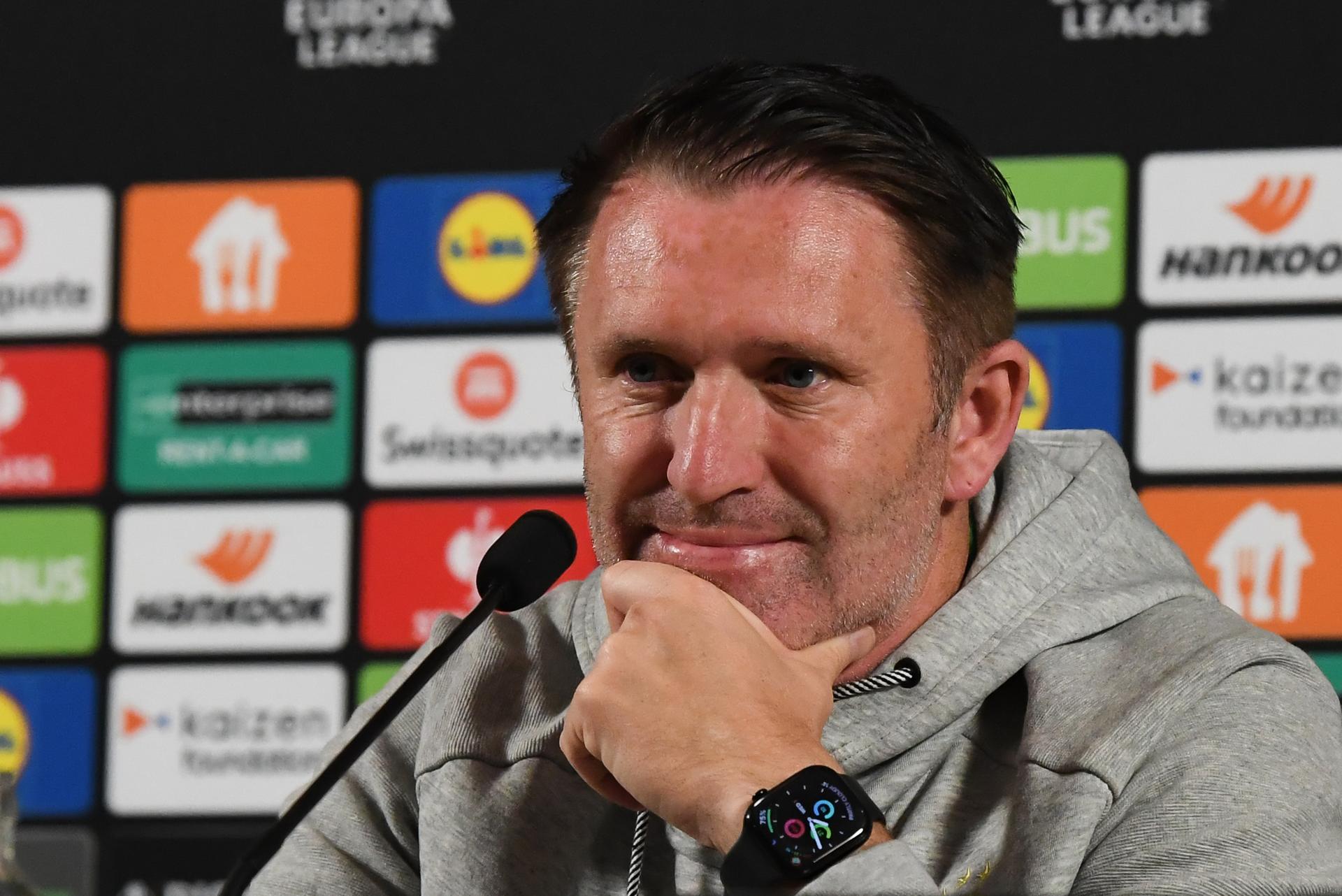 Ferencvaros' head coach Robbie Keane pictured during a press conference of Hungarian soccer team Ferencvarosi TC, on Wednesday 01 October 2025, in Genk. The team will play Belgians KRC Genk on Thursday, the second game (out of 8) in the league phase of the UEFA Europa League competition. BELGA PHOTO JILL DELSAUX