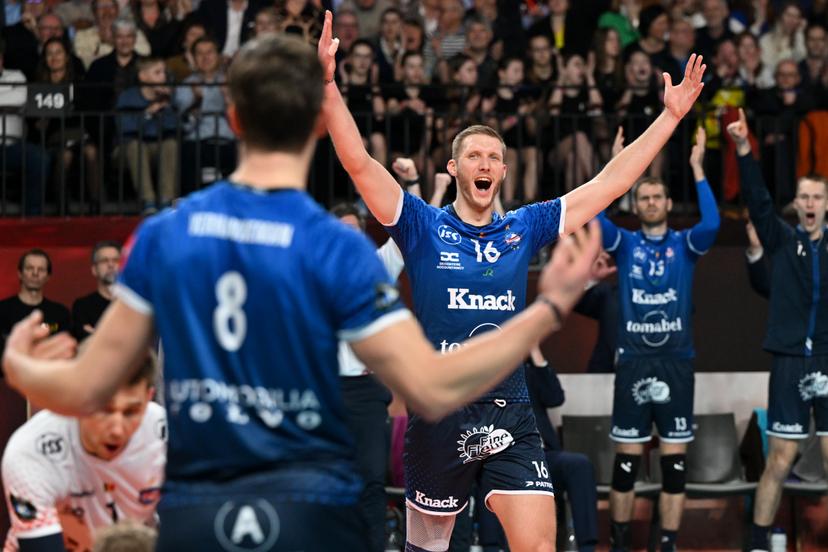 Roeselare's Pablo Sergio Koukartsev celebrates after scoring during the match between Knack Volley Roeselare and Decospan Volley Team Menen, the final match in the men Belgian volleyball cup competition, Sunday 26 February 2023 in Merksem, Antwerp. BELGA PHOTO DAVID CATRY