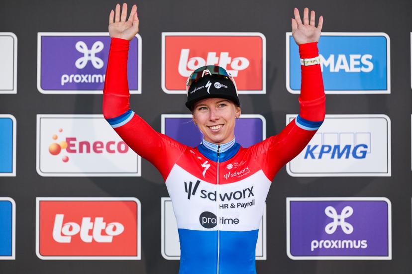 Dutch Lorena Wiebes of SD Worx-Protime pictured on the podium of the women's one-day cycling race Omloop Het Nieuwsblad (UCI World Tour), the opening race of the Flemish one-day classics season, 137,6 km from Gent to Ninove, Saturday 28 February 2026. BELGA PHOTO DAVID PINTENS