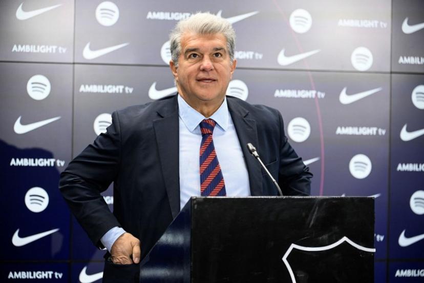FC Barcelona's President Joan Laporta arrives for a press conference at the Ciudad Deportiva Joan Gamper in Sant Joan Despi, near Barcelona, on January 14, 2025. Dani Olmo's future at Barcelona remains in the balance as the Catalan club pursue their legal battle to get the midfielder registered to play once more. FC Barcelona's failure to meet La Liga's budgetary rules to license both Olmo and forward Pau Victor before the end of last year currently leaves them ineligible to play for the rest of the season.  Josep LAGO / AFP