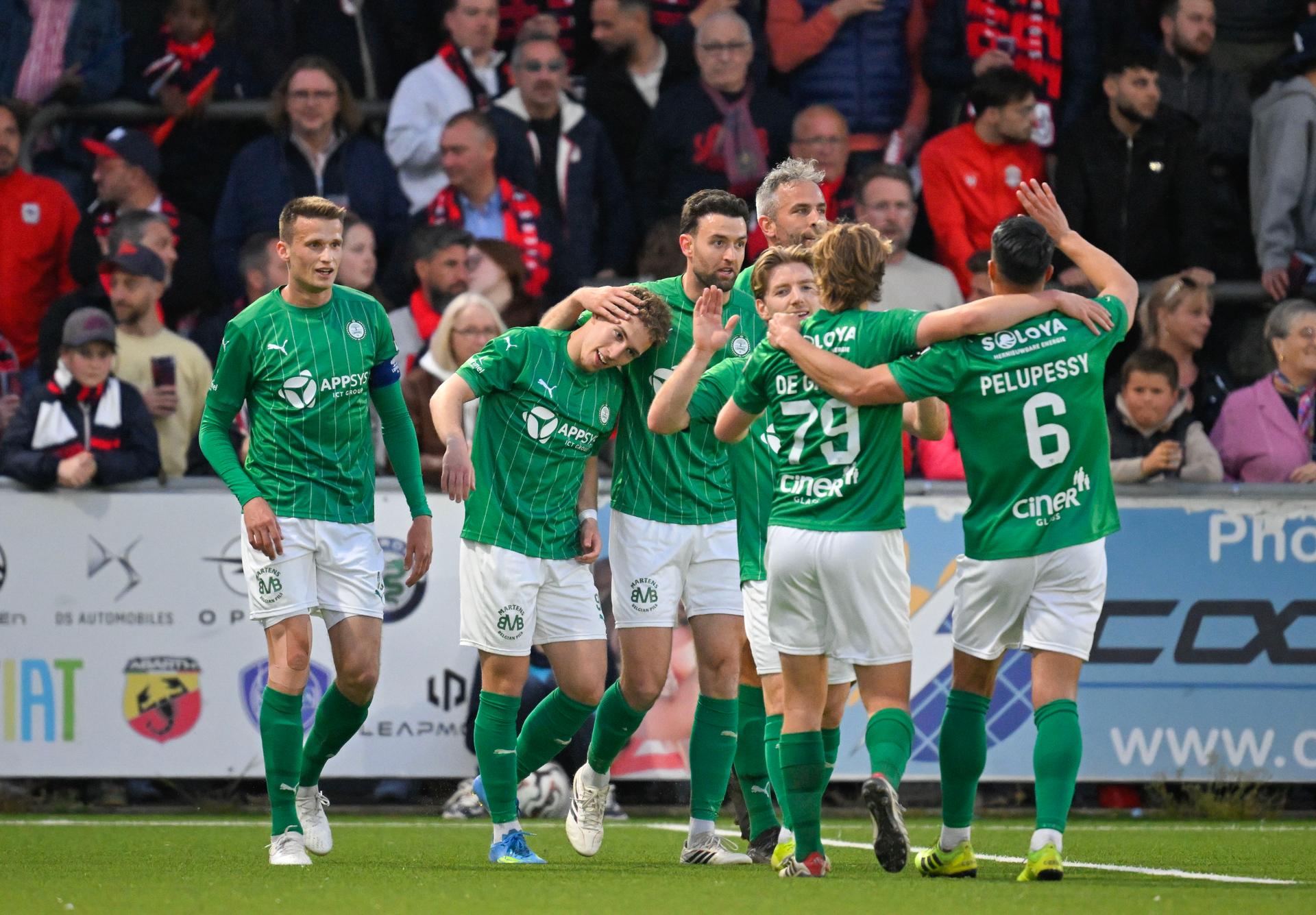 Lommel's Zalan Vancsa celebrates after scoring during a soccer game between RFC Liege and Lommel SK, Monday 27 April 2026 in Liege, the return leg of the Semi-Finals of the Promotion Play-Offs of the 2025-2026 'Challenger Pro League' 1B second division of the Belgian championship. Lommel won 3-0 the first leg. BELGA PHOTO JOHN THYS