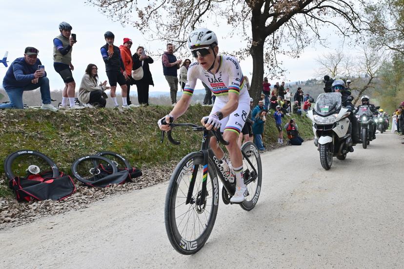 Slovenian Tadej Pogacar of UAE Team Emirates - XRG pictured in action during the men elite 'Strade Bianche' one day cycling race, 203km from and to Siena, Italy on Saturday 07 March 2026. BELGA PHOTO DIRK WAEM