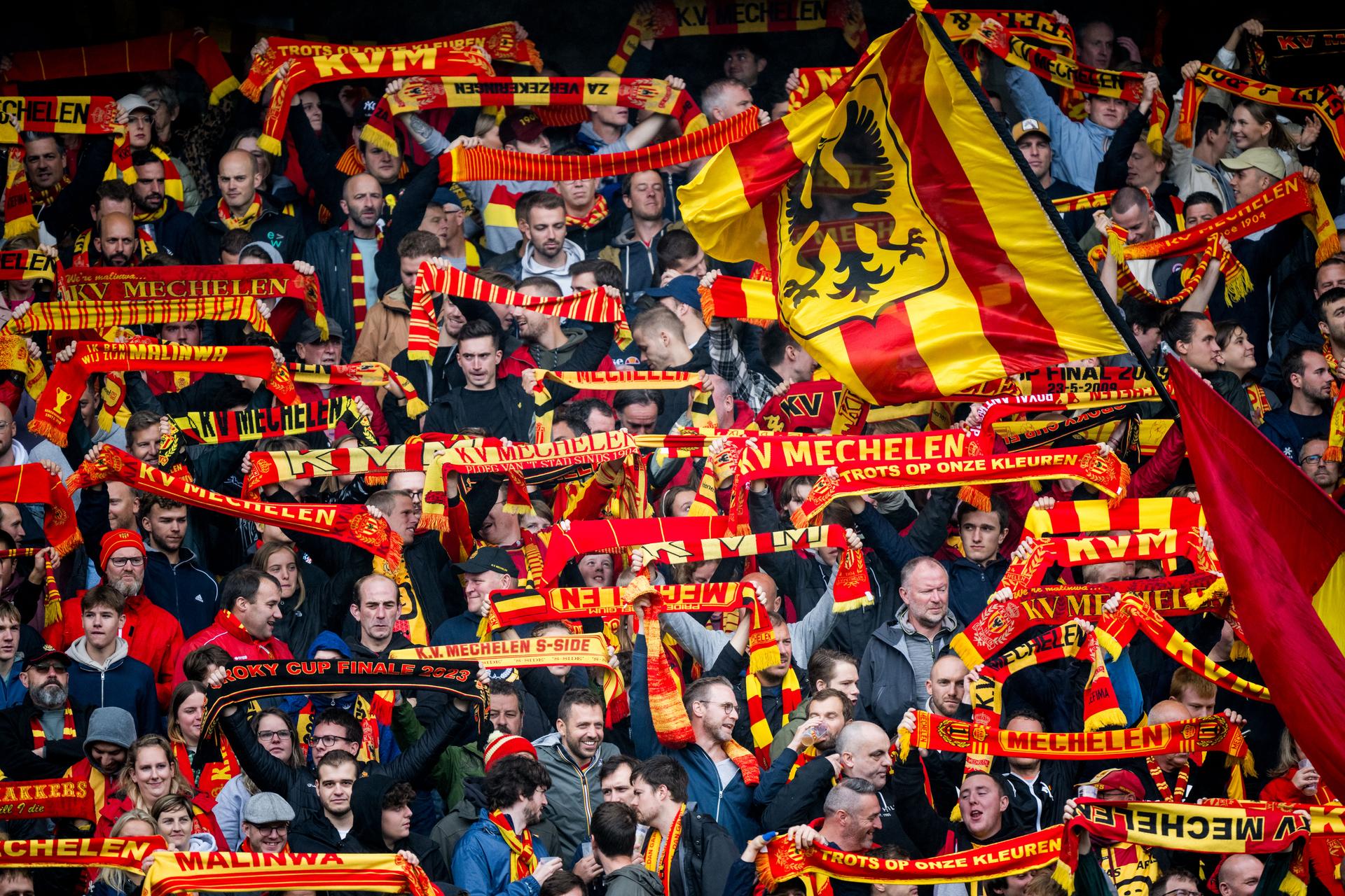 Illustration shows KV Mechelen's supporters in the stands ahead of a soccer match between KV Mechelen and KAA Gent, Sunday 06 August 2023 in Mechelen, on day 2/30 of the 2023-2024 'Jupiler Pro League' first division of the Belgian championship. BELGA PHOTO JASPER JACOBS
