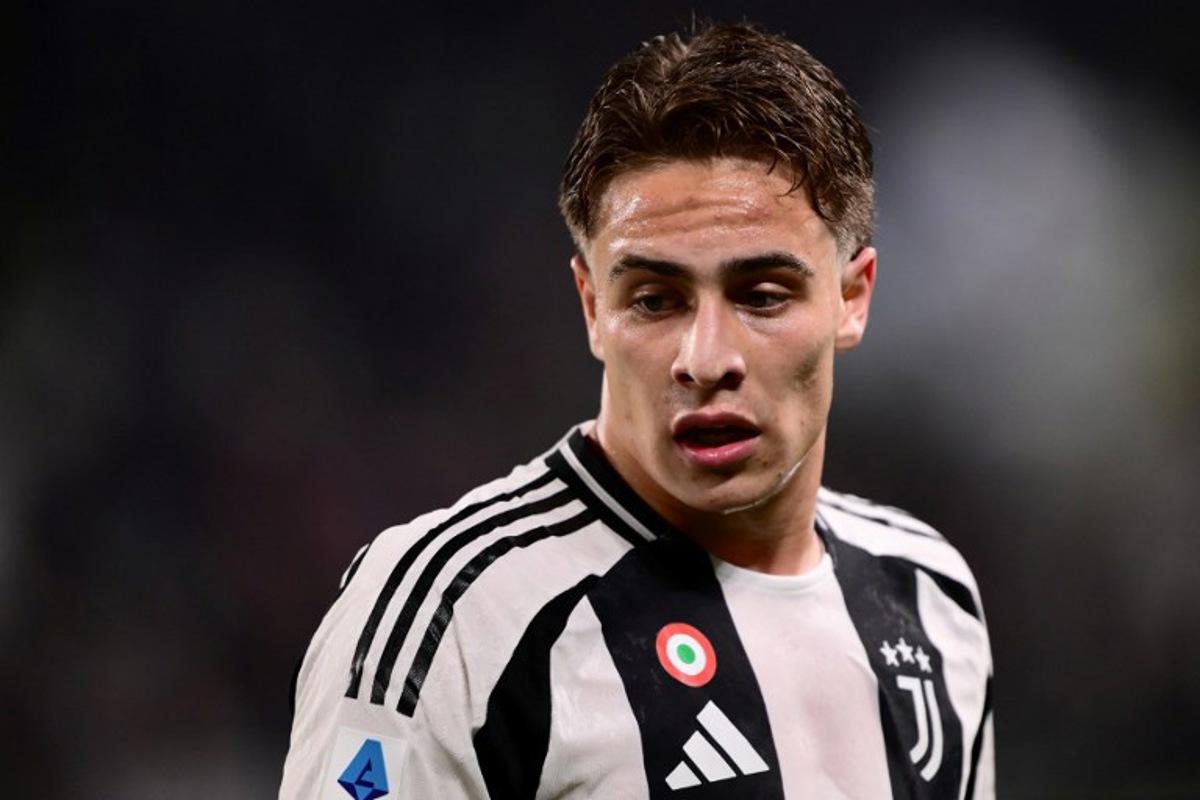 Juventus' Turkish midfielder #10 Kenan Yildiz looks on during the Italian Serie A football match between Juventus and Lecce at the Juventus Stadium in Turin on April 12, 2025.  MARCO BERTORELLO / AFP