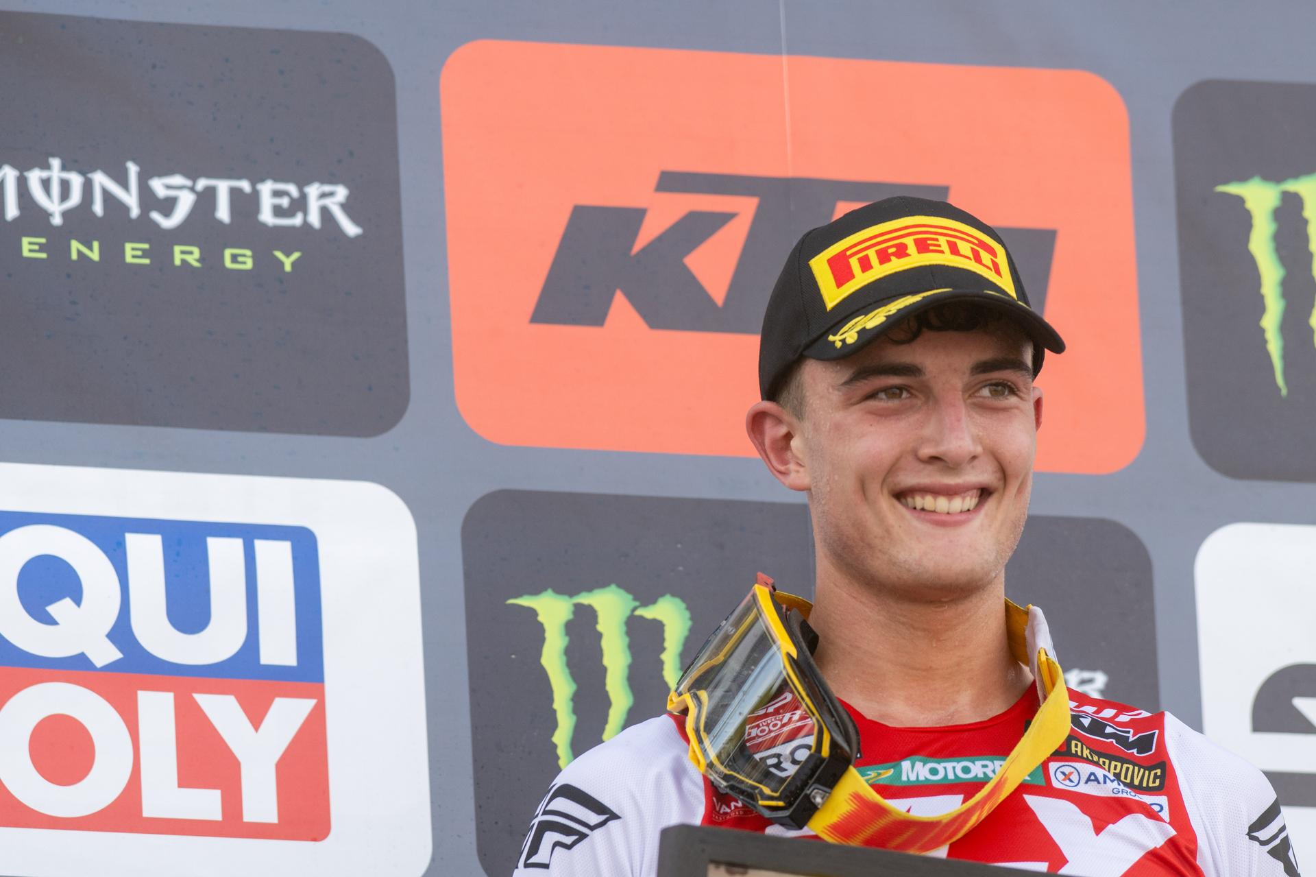 Belgium's Lucas Coenen celebrates on the podium after winning the motocross MXGP Grand Prix Flanders, race 15/20 of the FIM Motocross World Championship, Sunday 03 August 2025 in Lommel. BELGA PHOTO JONAS ROOSENS