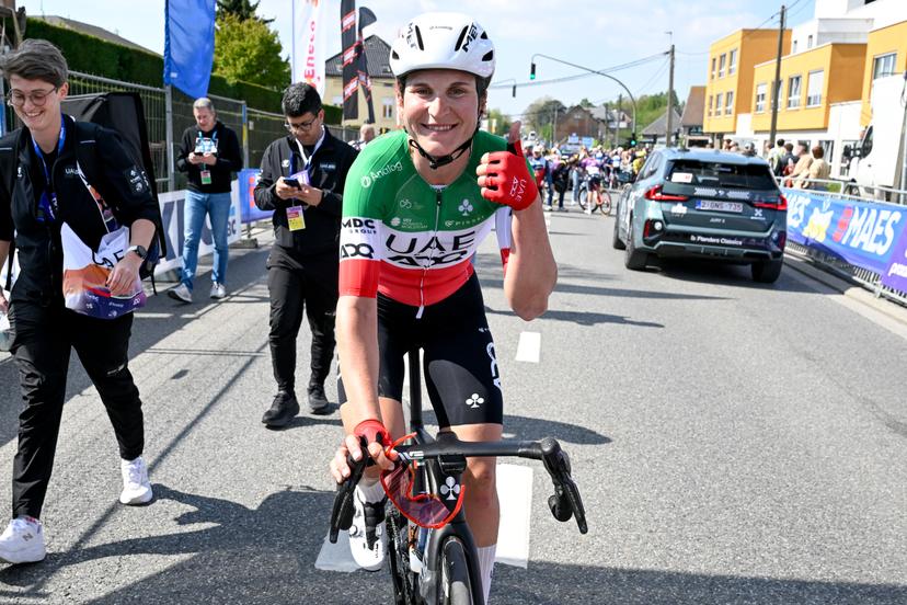 Italian Elisa Longo Borghini of UAE Team ADQ celebrates after winning the women's 'Brabantse Pijl' one day cycling race, 125,7km from Lennik to Overijse on Friday 18 April 2025. BELGA PHOTO TOM GOYVAERTS