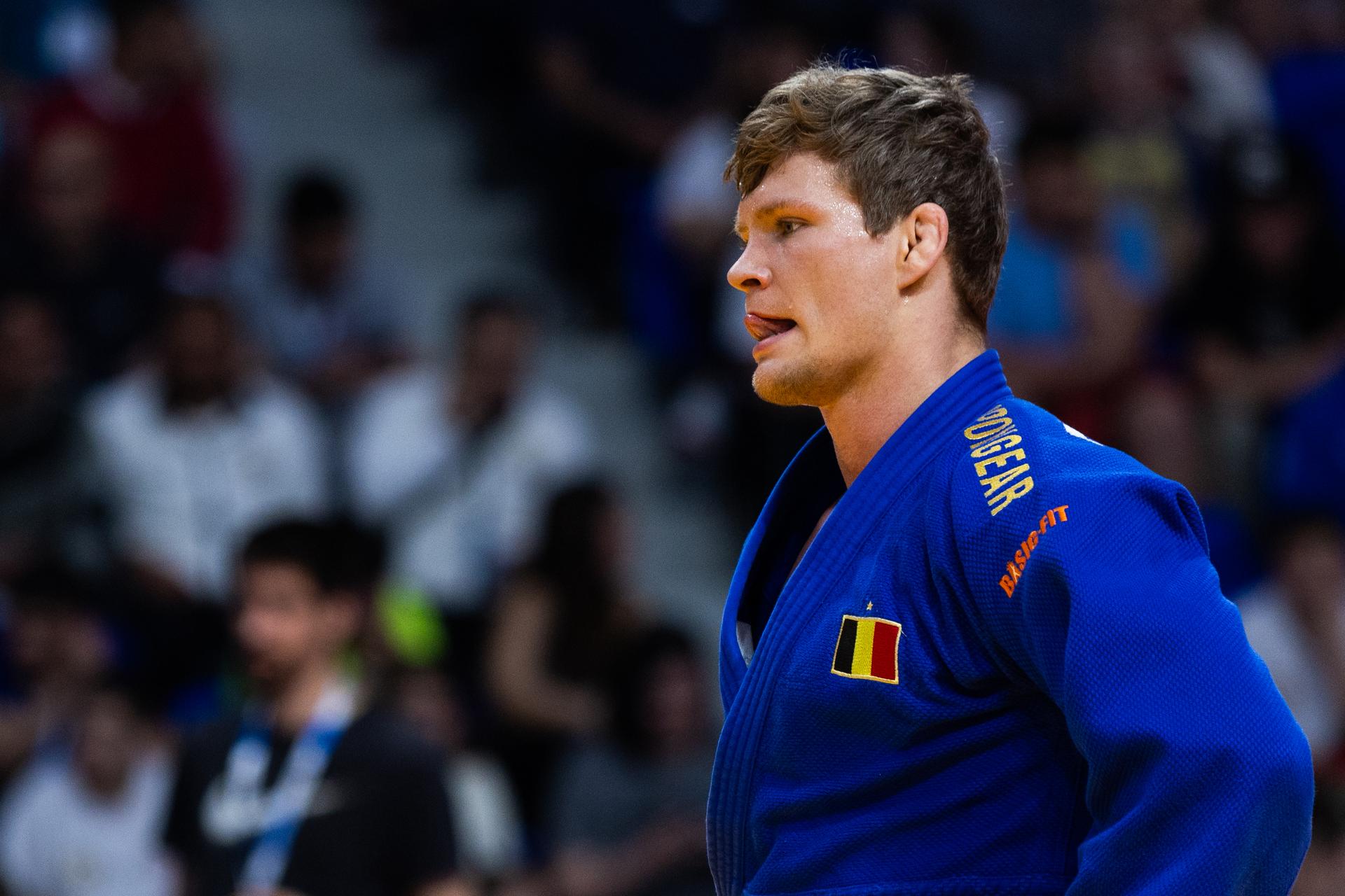 Belgian Matthias Casse (blue gi) takes on Italian Esposito (not pictured) during a judo bout in the Men -81kg category, at the European Judo Championships in Podgorica, Montenegro, on Friday 25 April 2025. The tournament is taking place from 23 tot 27 April 2025. BELGA PHOTO NIKOLA KRISTC