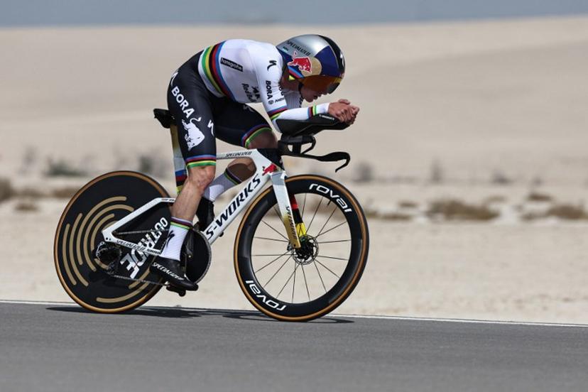 Red Bull-Bora-Hansgrohe's Belgian rider Remco Evenepoel competes during the second stage of the UAE Tour cycling event on al-Hudayriyat Island in Abu Dhabi on February 17, 2026.  Fadel SENNA / AFP