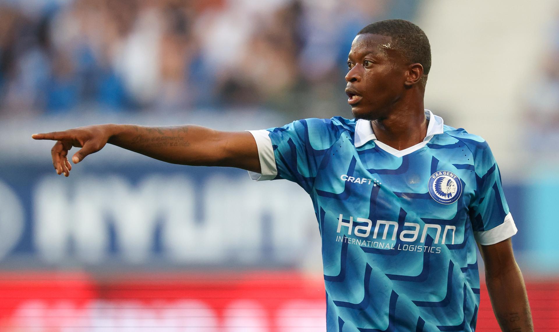 Gent's Mathias Nurio Fortuna gestures during the return match of Belgian soccer team KAA Gent against Danish Silkeborg IF, the return game in the third qualifying round for the UEFA Conference League competition, in Gent, Thursday 15 August 2024. The first leg ended in a 2-2 draw. BELGA PHOTO VIRGINIE LEFOUR