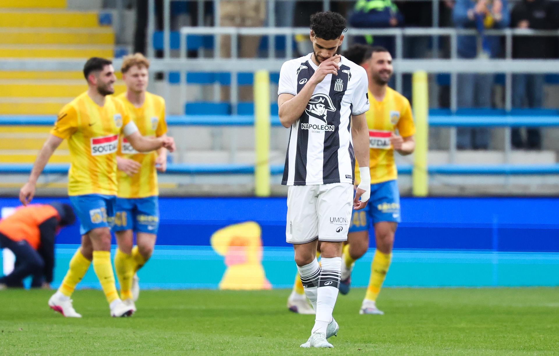 Charleroi's Kevin Van Den Kerkhof looks dejected during a soccer match between KVC Westerlo and Sporting Charleroi, Sunday 05 April 2026 in Westerlo, on the first day of the Europe Play-offs (PO2) of the 2025-2026 'Jupiler Pro League' first division of the Belgian championship. BELGA PHOTO VIRGINIE LEFOUR