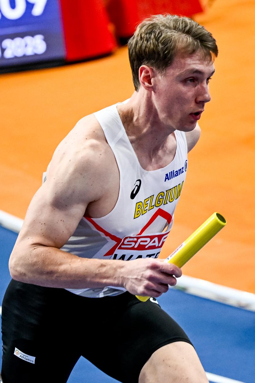 Belgian athlete Julien Watrin pictured in action during the warming-up for the 4x400 mixed relays at the European Athletics Indoor Championships, in Apeldoorn, The Netherlands, Thursday 06 March 2025. The championships take place from 6 to 9 March. BELGA PHOTO ERIC LALMAND