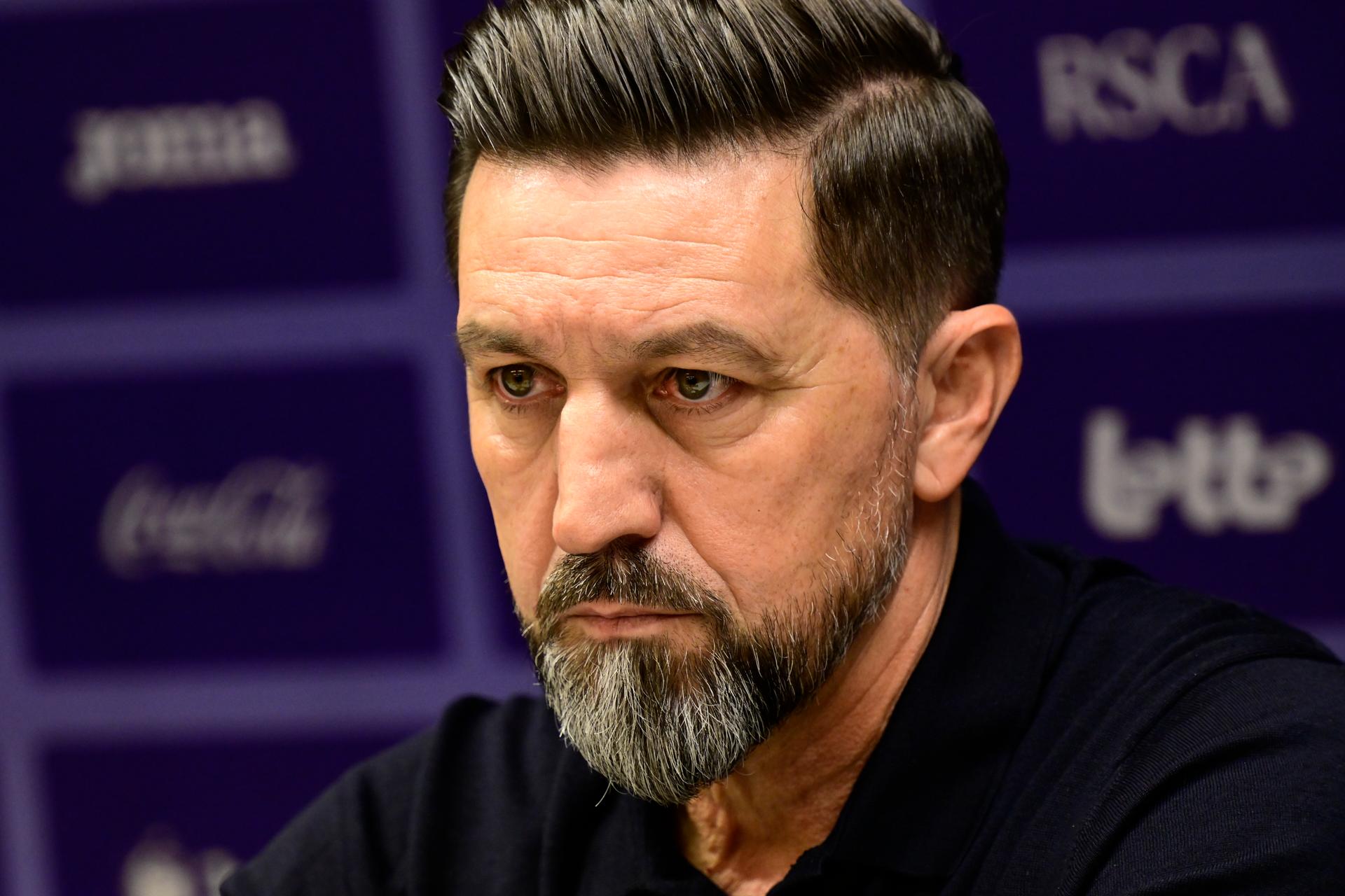 Anderlecht's head coach Besnik Hasi pictured during press conference of Belgian soccer team RSC Anderlecht to present the new coach, which is also a former coach of the club, Thursday 20 March 2025, in Brussels. The club announced earlier today the end of the collaboration whith Hubert. BELGA PHOTO DIRK WAEM