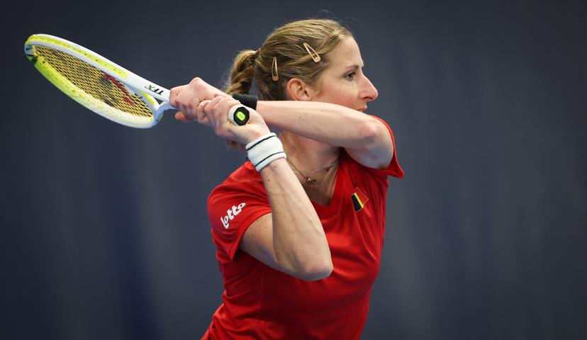 Belgian Magali Kempen and pictured in action during a training session ahead of the meeting between Greece and Belgium, in the qualifiers of the Billie Jean King Cup tennis, in Vilnius, Lithuania on Monday 07 April 2025. PHOTO VIRGINIE LEFOUR