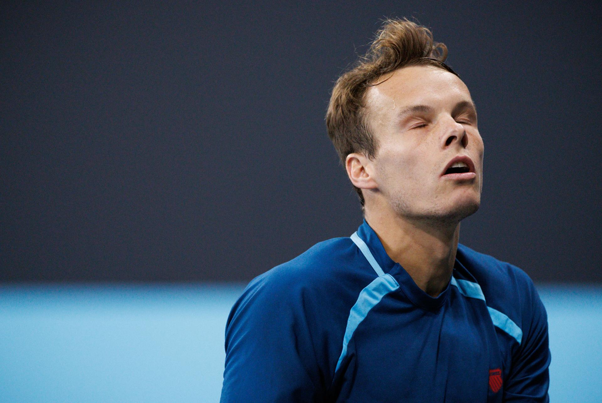 Belgian Michael Geerts pictured during a qualification game between Belgian Geerts and Canadian Diez in the men's singles at the BW Open ATP Challenger 125 tournament, in Louvain-la-Neuve, Monday 22 January 2024. THE BW Open takes place from 22 to 28 January. BELGA PHOTO BENOIT DOPPAGNE