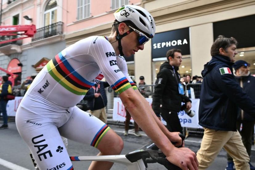 Team UAE's Slovenian rider Tadej Pogacar, third, is pictured after the Milan - Sanremo one-day classic cycling race, on March 22, 2025. Dutch Mathieu Van Der Poel of team Alpecin-Deceuninck won the race ahead of Team Ineos' Italian rider Filippo Ganna and Team UAE's Slovenian rider Tadej Pogacar, third.  Marco BERTORELLO / AFP