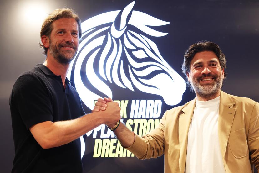 Charleroi's head coach Rik De Mil and Charleroi's manager Mehdi Bayat pictured during a press conference of Belgian soccer club Sporting Charleroi, on Friday 13 June 2025, in Charleroi.  BELGA PHOTO VIRGINIE LEFOUR