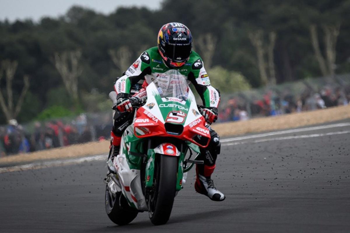 LCR Honda team's French MotoGP rider Johann Zarco rides during a France Moto GP Grand Prix free practice session at the Le Mans Circuit on May 9, 2025.   Loic VENANCE / AFP