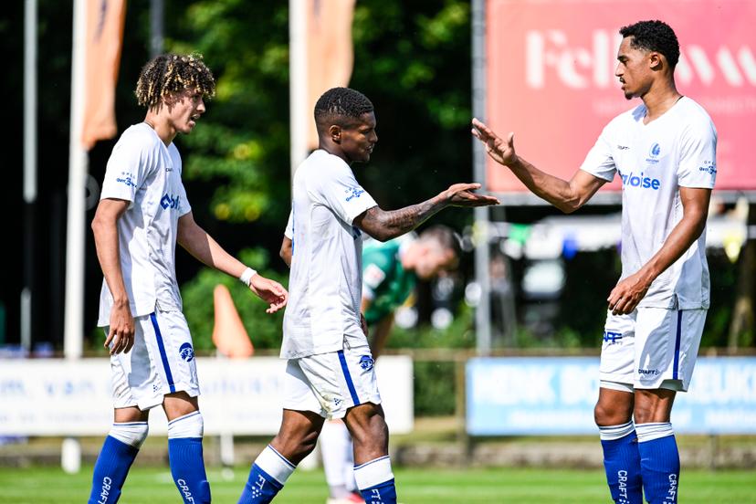 Gent's Helio Varela celebrates after scoring during a friendly soccer game between Belgian KAA Gent and German Preussen Munster, on Wednesday 09 July 2025 in Horst, the Netherlands. Gent is on a summer camp to prepare for the upcoming 2025-2026 first division season. BELGA PHOTO TOM GOYVAERTS