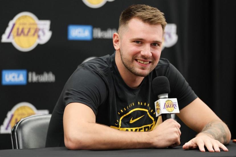 Slovenian professional basketball player Luka Doncic speaks to reporters during the Los Angeles Lakers media day at UCLA Health Training Center El Segundo, California on September 29, 2025.  Patrick T. Fallon / AFP