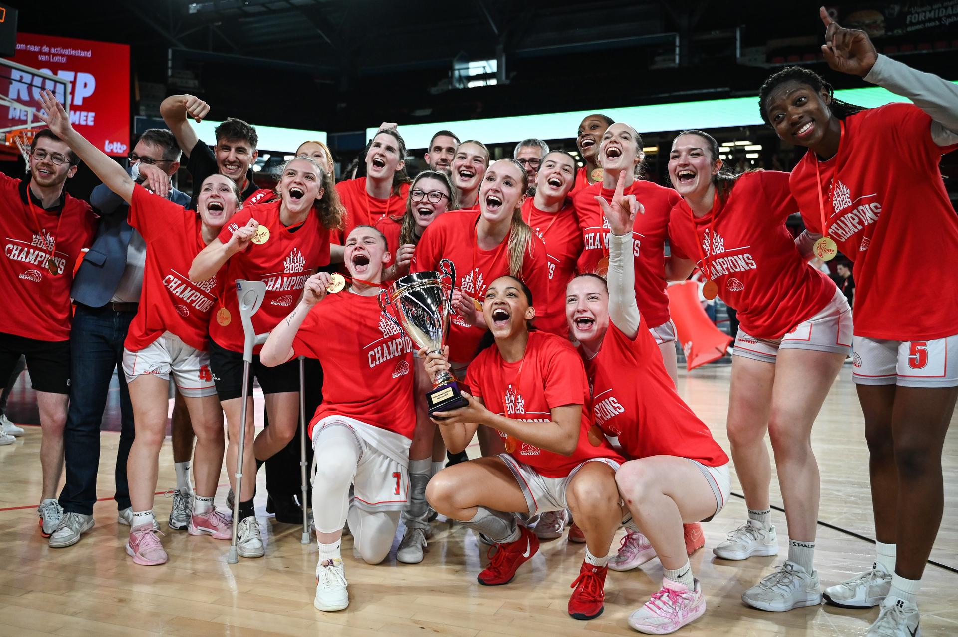 Namur's players celebrate after winning a basketball match between Royal Castors Braine and Basket Namur Capitale, Sunday 22 March 2026 in Charleroi, the final of the women's Belgian 2026 Basketball Cup. BELGA PHOTO ELIAS ROM
