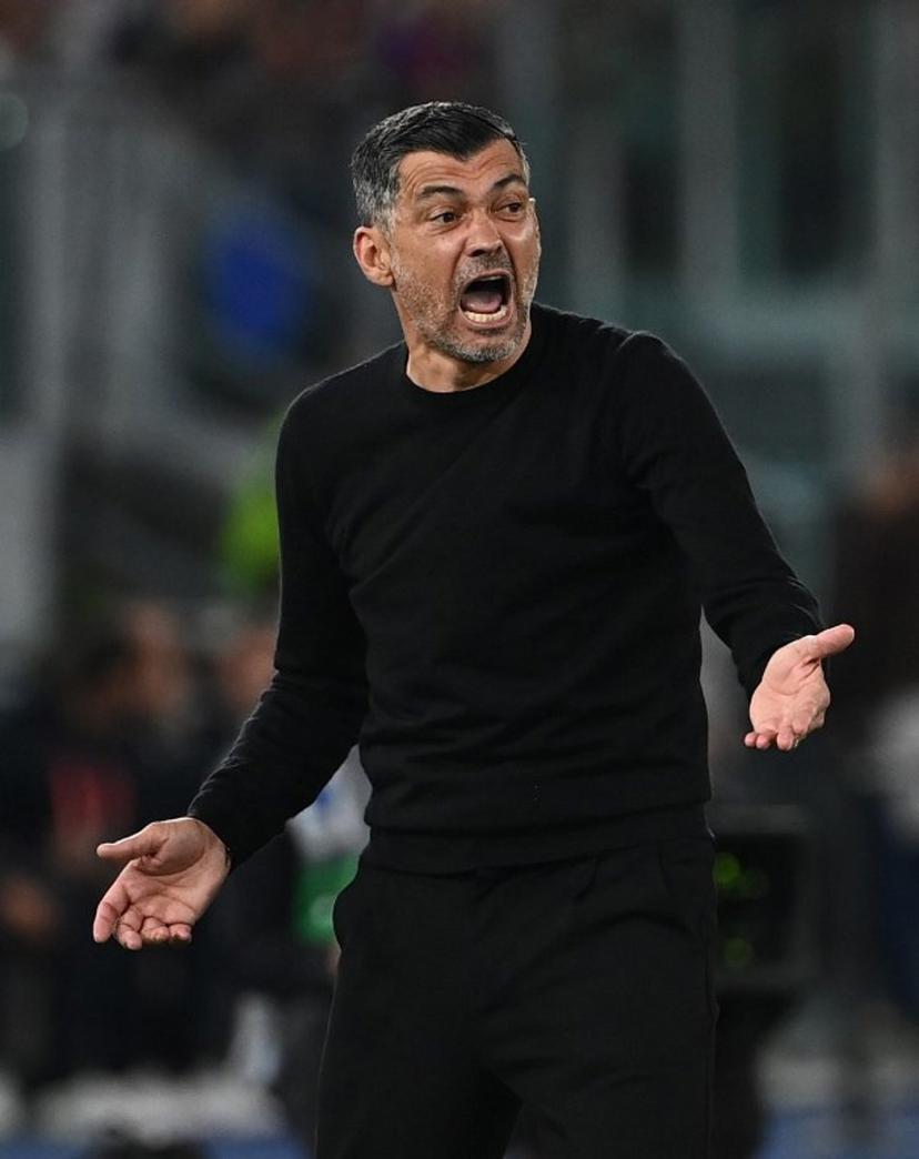 AC Milan Portuguese head coach Sergio Conceicao reacts during the Italian Cup (Coppa Italia) final football match between AC Milan and Bologna at the Olympic stadium in Rome, on May 14, 2025.  Isabella BONOTTO / AFP
