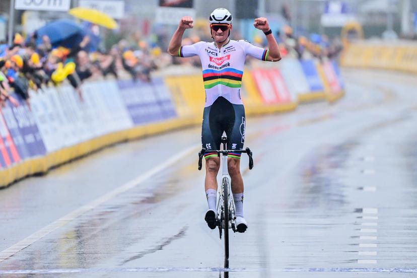 Dutch Mathieu van der Poel of Alpecin-Deceuninck celebrates as he crosses the finish line to win the 'E3 Saxo Bank Classic' one day cycling race, 207km from and to Harelbeke, Friday 22 March 2024. BELGA PHOTO DIRK WAEM