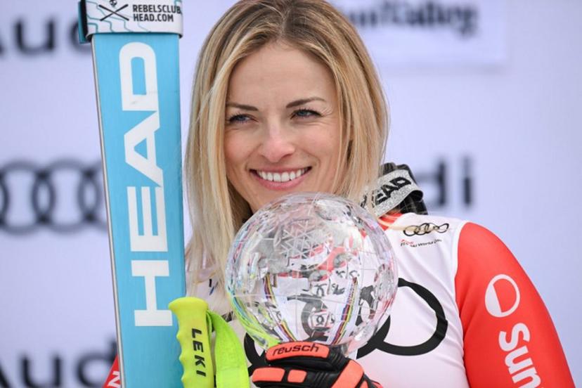 Overall champion Switzerland's Lara Gut-Behrami poses with the Crystal Globe on the podium of the season's overall Super-G winners of the FIS Alpine Skiing Women's World Cup at the Sun Valley Finals in Sun Valley, Idaho on March 23, 2025.  Patrick T. Fallon / AFP