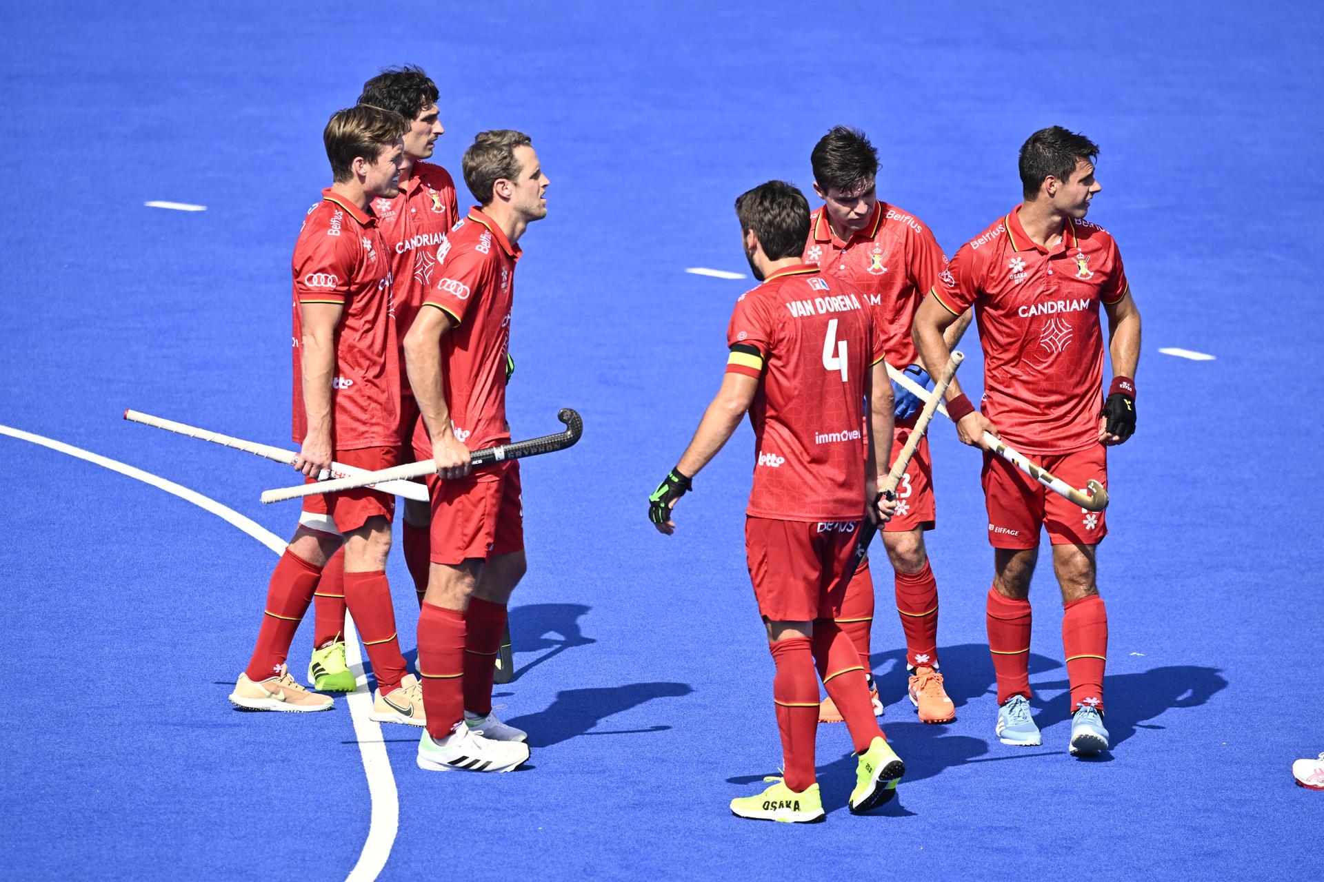 The Red Lions react during a hockey game between Spain and the Belgian national team Red Lions, match 3/3 in the pool stage of the 2025 men's European championships, Tuesday 12 August 2025 in Monchengladbach, Germany.  BELGA PHOTO ERIC LALMAND