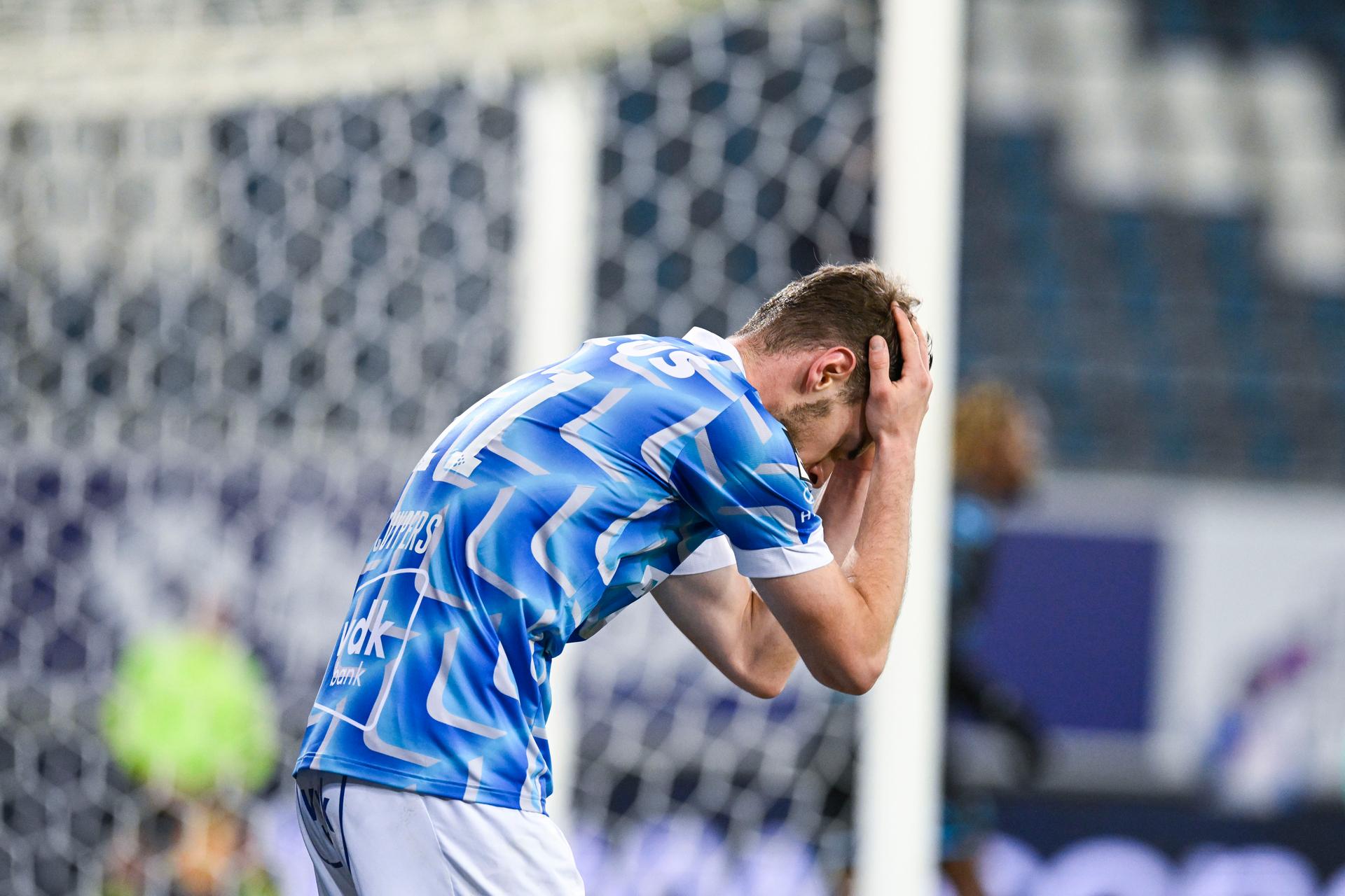 Gent's Hugo Cuypers reacts during a soccer match between KAA Gent and OH Leuven, Thursday 21 December 2023 in Gent, on day 19 of the 2023-2024 season of the 'Jupiler Pro League' first division of the Belgian championship. BELGA PHOTO TOM GOYVAERTS