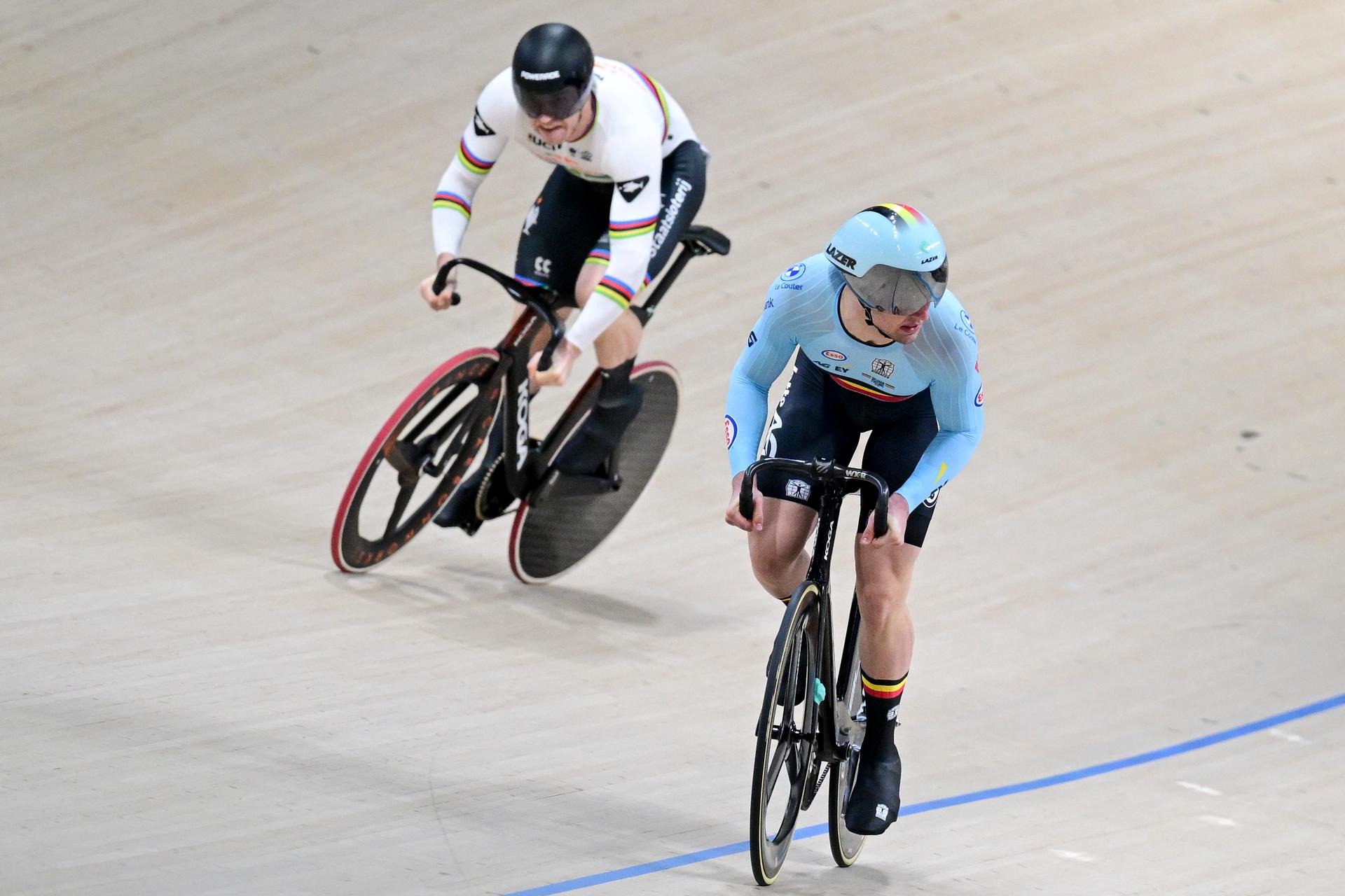 Dutch Harrie Lavreysen and Belgian Lowie Nulens pictured in action during the men's Sprint 1/8 finals at day 3 of the 2026 UEC Track Elite European Championships, in Konya, Turkey, Tuesday 03 February 2026. The European Championships take place from 01 to 05 February 2026. BELGA PHOTO DIRK WAEM