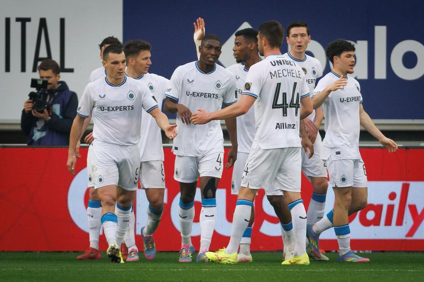 Club's players celebrate after scoring during a soccer match between KAA Gent and Club Brugge, Sunday 20 April 2025 in Gent, on day 4 (out of 10) of the Champions' Play-offs of the 2024-2025 'Jupiler Pro League' first division of the Belgian championship. BELGA PHOTO KURT DESPLENTER