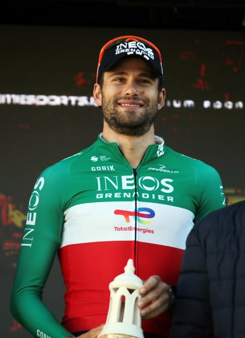 INEOS Grenadiers Italian cyclist Filippo Ganna celebrates on the podium after winning the stage 3 of the Algarve Tour, a time trial run in Vilamoura on February 20, 2026.  João Matos / AFP